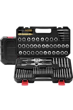 81-Piece SAE/Metric Tap and Die Set, GCr15 Steel, Coarse/Fine M3 to M12 and #4 to 1/2 in Coverage; Heat-Treated GCr15 Steel; Dual Pitch Gauges; Intern