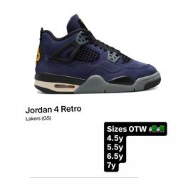 Jordan 4 Retro Lakers (GS) sizes 4.5y, 5.5y, 6.5y, & 7y
