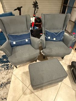 2 blue/grey accent chairs with foot stool