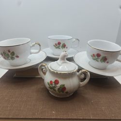 Vintage Tea Set Floral Cups Saucers Sugar Bowl