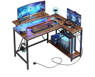 Gaming Desk with Power Outlets, 42" L-Shaped Gaming Desk with LED Lights, Desk with Reversible Storage Shelves & Hooks for Small Spaces, Bedrooms & Of