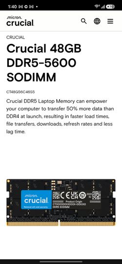 Crucial 96GB (48gb x 2) DDR5-5600 SODIMM Laptop RAM