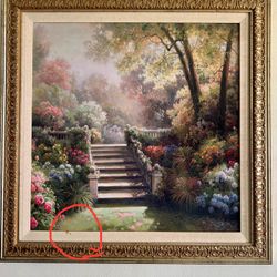 Bonito cuadro con dibujo de jardín, tiene una pequeña mancha como se muestra en la foto 