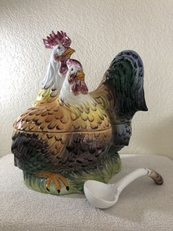 Beautiful Antique Rooster Hen Ceramic Soup Tureen with Spoon Made in Italy by Intrada