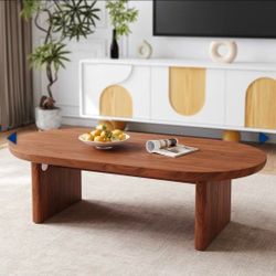 47" Oval Wood Coffee Table for Living Room, Walnut Mid-Century Modern Center Table, Round Edge Wooden Furniture