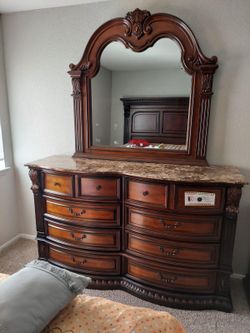 Queen size bed, mattress, dressers for sale