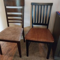 Two Wooden Chairs Extra Seating For The Holidays Christmas New Year's Bedrooms One Is Cappuccino With Brown Tweed Like Cushion The Other Is Wood Seat 