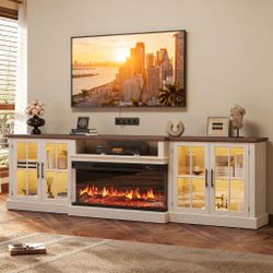 98" Farmhouse TV Stand with 36" Fireplace for Living Room,Media Entertainment Center with Adjustable Shelves and Large Storage Cabinets, White TV Stan