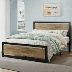 Full Size Bed Frame, Metal Platform Bed Frame with Wooden Headboard, 12.4" Under-Bed Storage, Brown