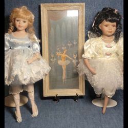 Porcelain collectible dolls with ballet theme and framed ballerina print
