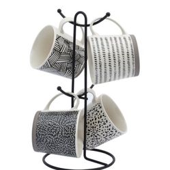 Coffee Mug Set of 4 (16oz) Contemporary Black and White with Metal Rack Set (4 Patterns)