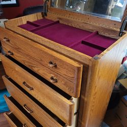 Oak Tallboy Chest Of Drawers Dresser  5 Drawers With Velvet Lined Lift Top Storage And MIirror