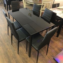 7Pc Black TopGlass Dining Table Set 