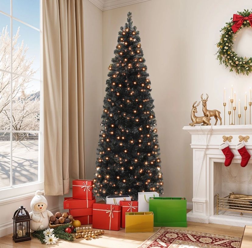 6 Ft Prelit Black Pencil Christmas Tree 200 Light 700 Branch Slim Holiday Decor (ONLY SHIPPING)