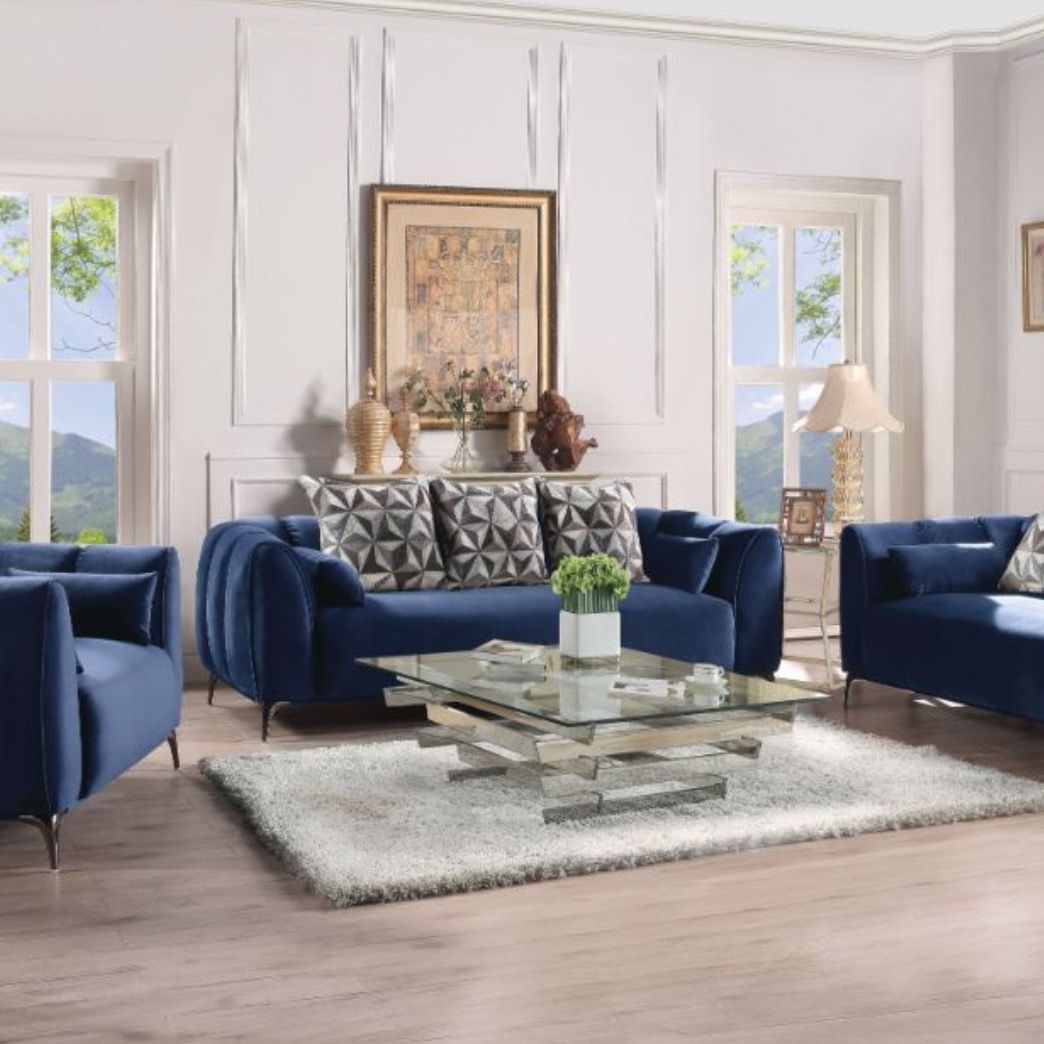 Brand New Blue Velvet Cushioned Sofa and Love Seat Set