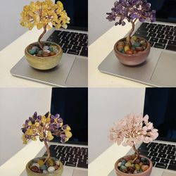 Natural Crystal Fortune Tree, Treasure Plate, Citrine, Amethyst, Pink Crystal, bring you good luck.
