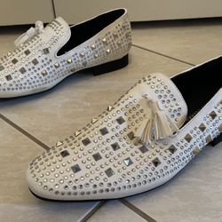 Amali Men's Tate-007 White Studded Rhinestone Loafers Tassel  Size 10.5