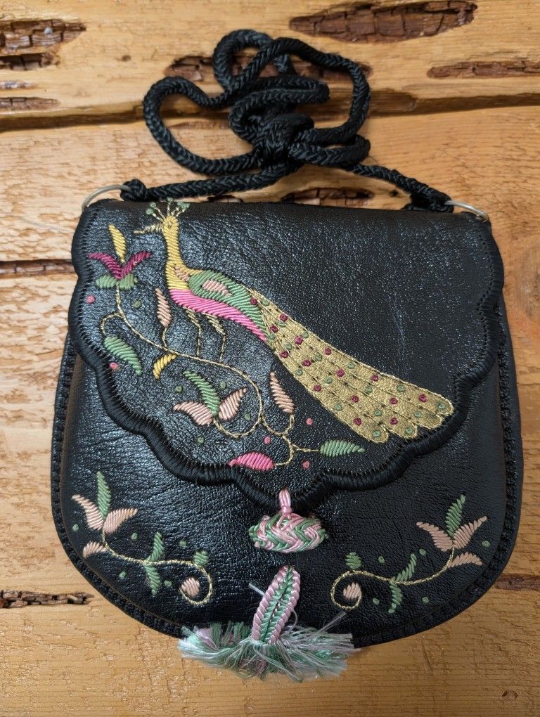 Vintage Hand Made Leather Embroidered Purse