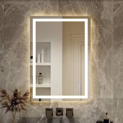 GLSLAND 26 in. W x 38 in. H LED Light Anti-Fog Rectangular Frameless Wall Bathroom Vanity Mirror White
