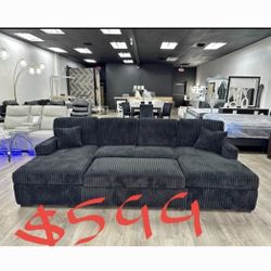 Black Jumbo Corduroy Sectional Sofa With Storage Anf Pullout Bed 