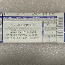 New York Rangers vs. Colorado Avalanche Unused Hockey Game Ticket 2001