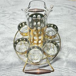 Vintage MCM Culver Pisa 22k Gold Barware Set With Pitcher/Carrier Caddy