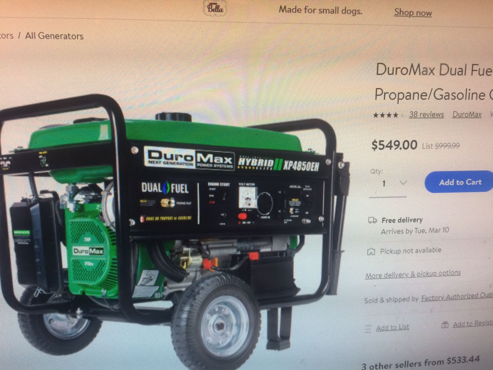 Brand New Generator dual gasoline and gas great to have at Home or Work