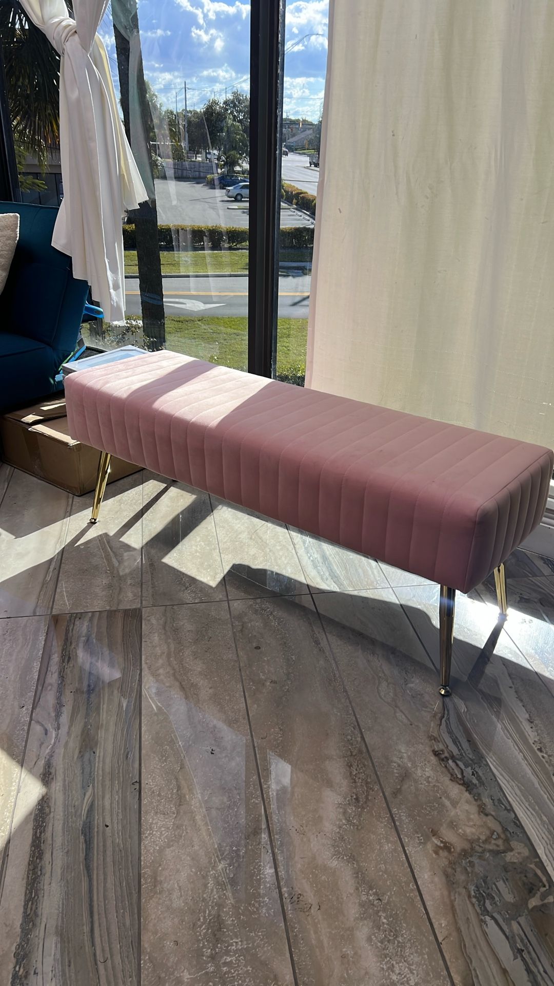 Pink Velvet Bench with Gold Legs – Great Condition!
