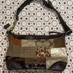 Vintage Coach Purse Patchwork Shoulder Bag Brown Leather Suede Jacquard F12842