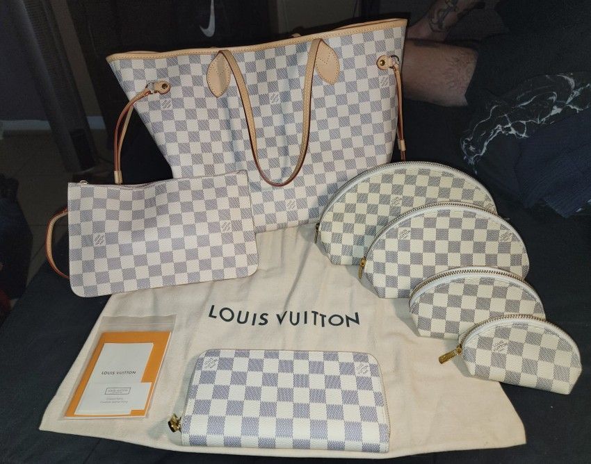 LOUIS VUITTON NEVERFULL MM ~ DAMIER AZUR ROSE BALLERINE 8 PIECE MATCHING SET