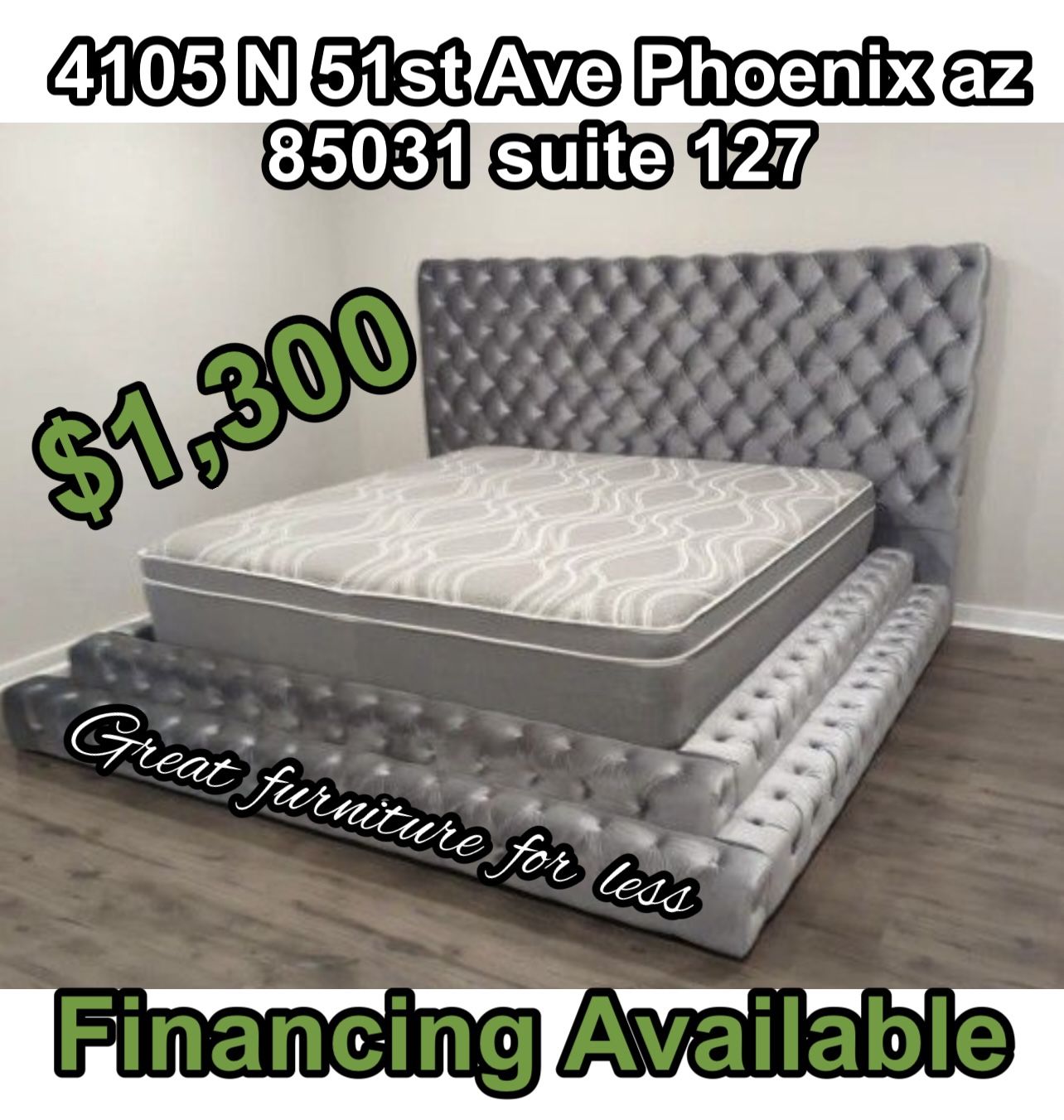 Queen Size Bed Frame Velvet Grey With Pillow Top Mattress Brand New