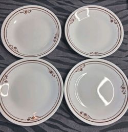 White Plates with Brown Floral Border – Set of 4