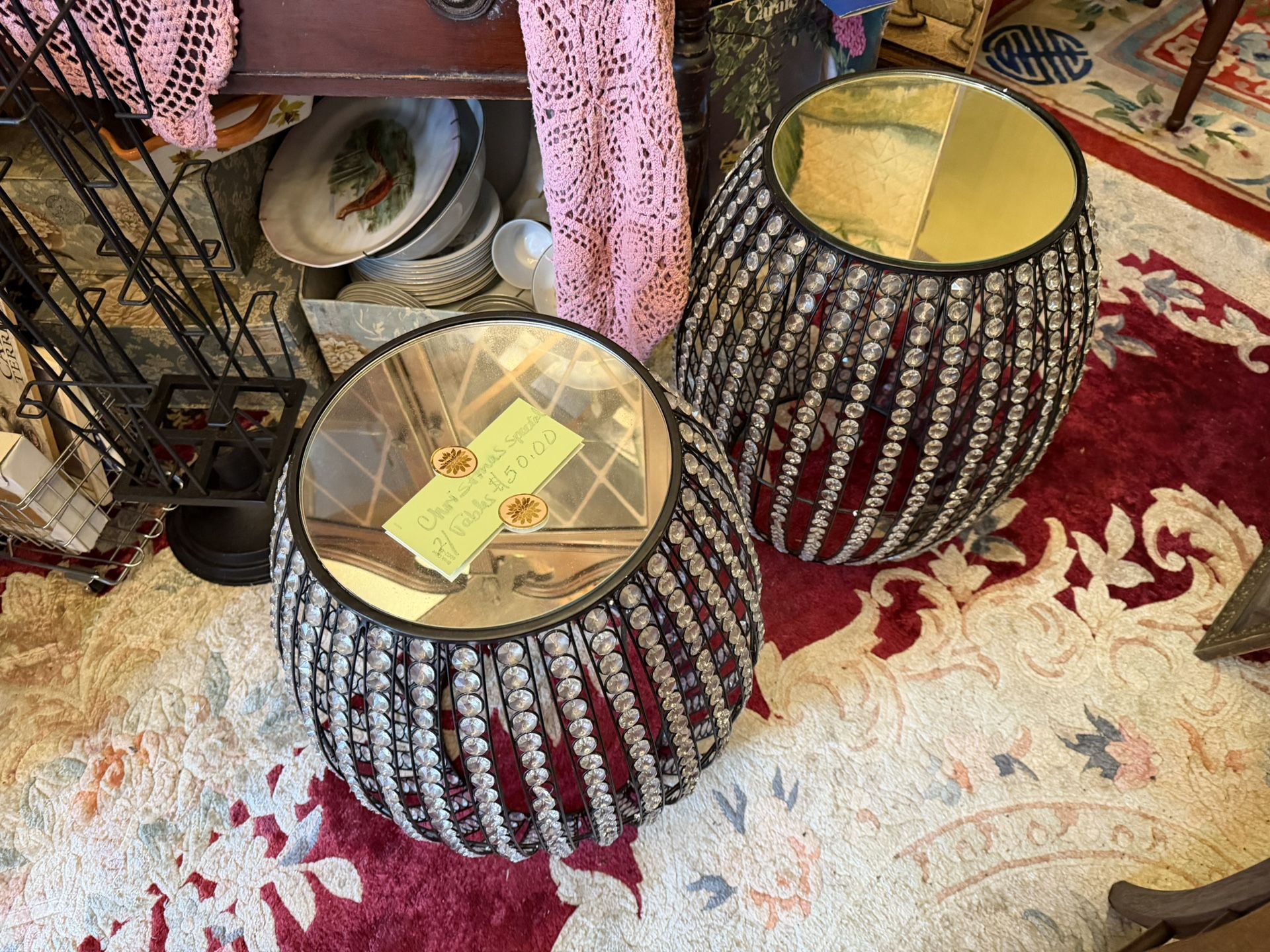 2 mirror Top Metal Stands With Crystals