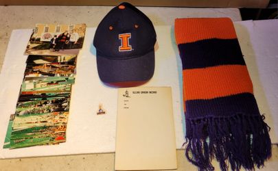 Lot of Fighting Illini Memorabilia - Hat, Scarf, 49 photos from the 1980's