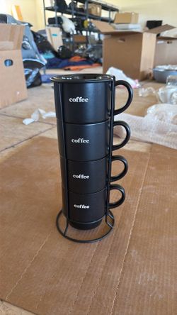 4 Black Coffee Mugs with Stand