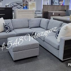 ✅️4 pc grey boucle fabric upholstered sectional sofa with storage arms and ottoman✅️✅️