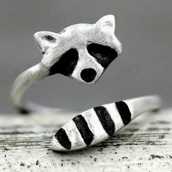 Uniquely Vintage Styled Raccoon Silver Tone Adjustable Ring