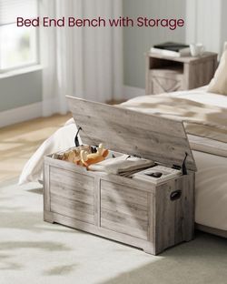 Storage Chest, 39.4 Inches Width Bench with 2 Safety Hinges Farmhouse Style, for Entryway, Bedroom, Living Room, Heather Greige, SOFIE Collection ULSB