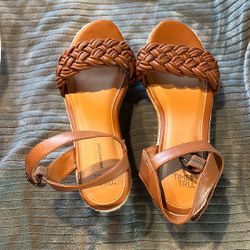 Time and Tru Women's Braided Wedge Sandals in cognac brown with a memory foam footbed. 