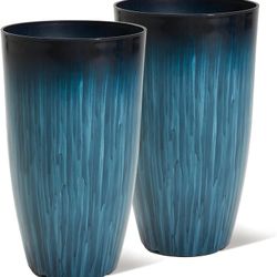 Worth Garden 2 pcs 21" x 12" Plastic Planters Gradient Blue Glossy Smooth Finish Tall Plant Pots, brand new