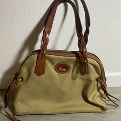 DOONEY & BOURKE Nylon Shopper Tote Bag Purse Leather Braided Handles Beige READ! NEEDS A GOOD CLEANING! 