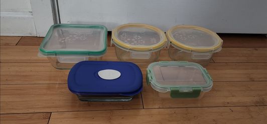 Snapware Pyrex Glass container 5 Packs with Lids:  Square (4cup/950ml), Round (4cup/950ml x2packs), Rectangular 1.8cup/440ml, Rectangular 1.5cup/355ml