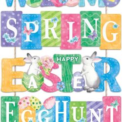 Welcome Spring Wooden Sign (11.7”x2.8”）Colorful Happy Easter Egg Hunt Wood Wall Hanging, Cute Bunny Flower Bloom Butterfly Spring Easter Sign for Porc
