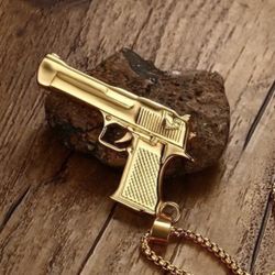 New Gold Gun Pendant Chain New 