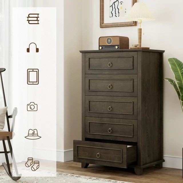 5 Drawer Tall Dresser, Chest of Drawers Storage Cabinet for Office Living Room, Dark Brown
