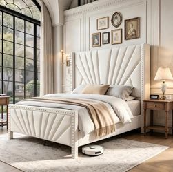 Queen Bed Frame 55" Velvet Upholstered Platform Bed, Art Deco, Cream White Sunburst Wingback Headboard, No Box Spring Needed, 1,200 LBS Capacity, Nois