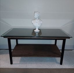 Modern Glass Coffee Table – Black Metal & Wood Shelf