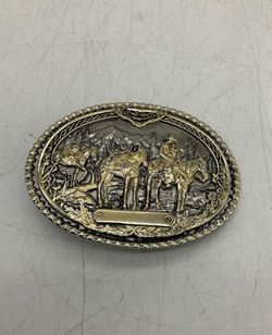 Silver & Brass Tone Cowboy w/Horses Metal Belt Buckle