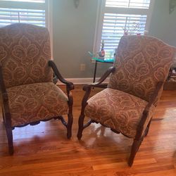 Arm Chairs - Pair Of Two Wooden Upholstery Chairs 