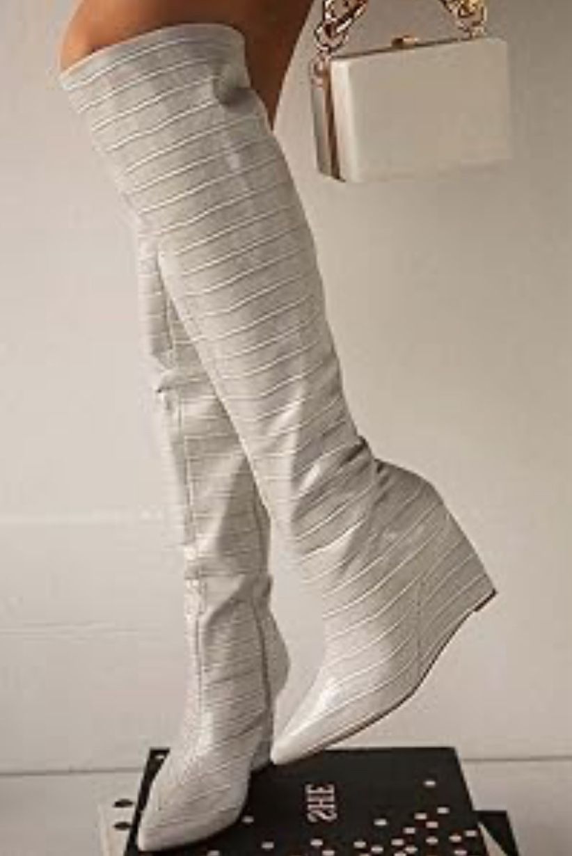 Over the Knee Boots Wedge Heel Pointed Toe Thigh High Booties with Side Zipper Comfortable Thick High Heel Trendy Ladies Prom Club Long Boots